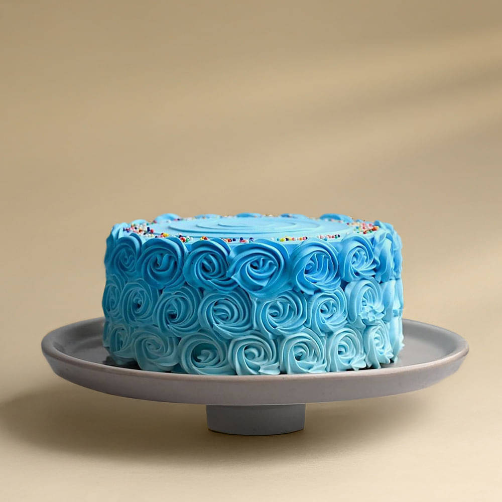 Front View of Blue Sprinkles Frosted Cake