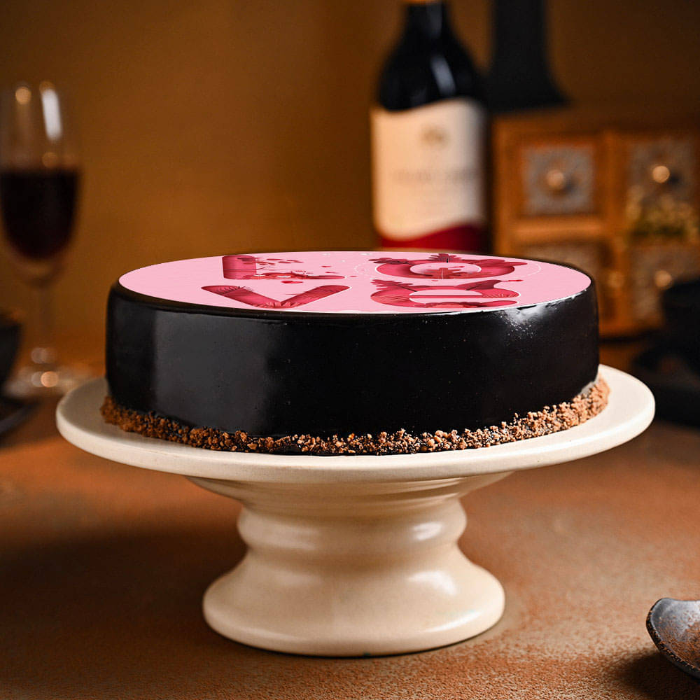 Valentines Love Cake Side View of Dark Chocolate Poster Cake For Valentine's Day