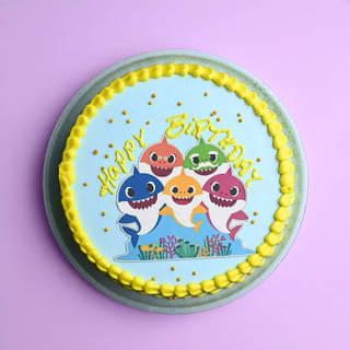 Top View of Colourful Baby Sharks Birthday Cake
