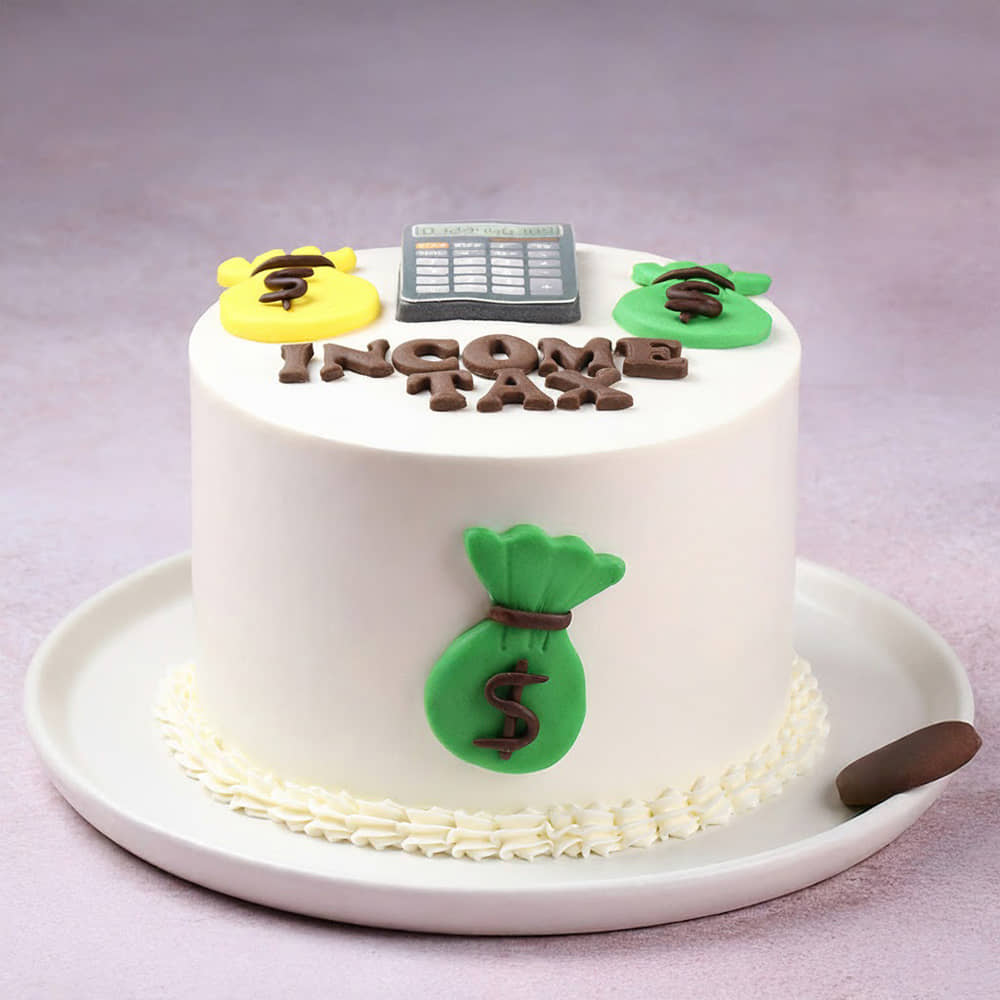 Side View of Income Tax Fun Theme Cake