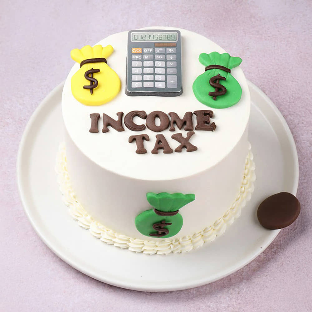 Angled View of Income Tax Fun Theme Cake