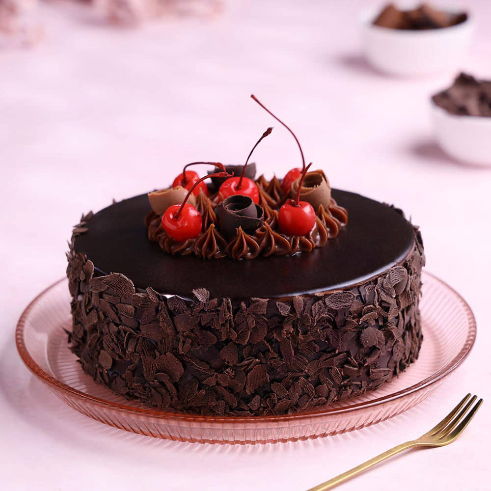 Glazed German Black Forest Cake Front View of German Black Forest Cake