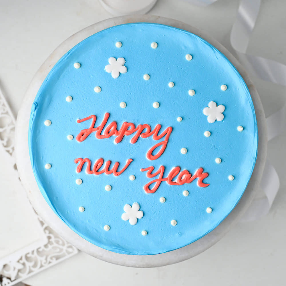 Front View Aqua Blue Colour New Year Cake