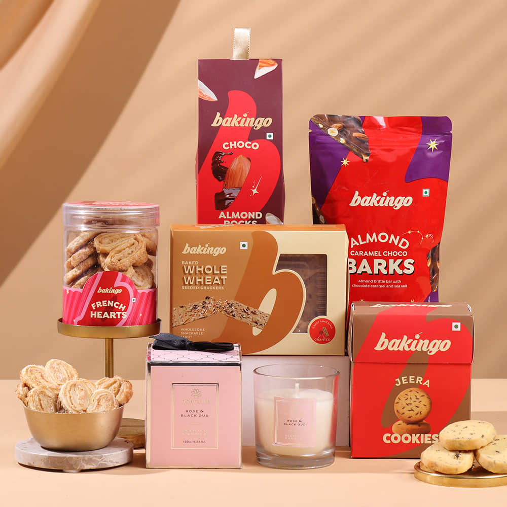 Gift Hamper With Candle Gourmet Diwali Gift Box Display with Chocolate Barks and Crackers