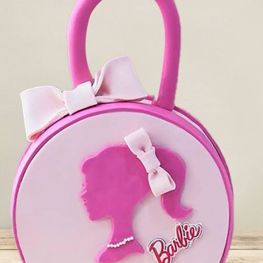 Side View of Barbie Logo Bag Fondant Cake