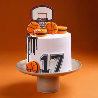 White Basketball Cake with Hoop Topper, Macarons, and Number 17