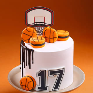 Basketball Themed Cake with Orange Macarons, and Court