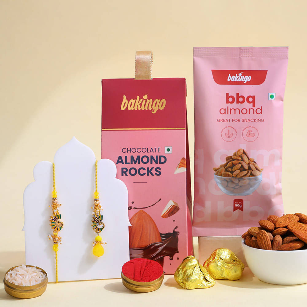 BBQ Almond and Choco Almond Rocks with Rakhi Combo BBQ Almond and Choco Almond Rocks with Rakhi Combo