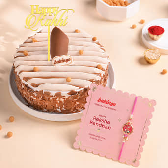 Butterscotch Crunch Cake With Floral Rakhi Best Bro Butterscotch Cake With Designer Rakhis