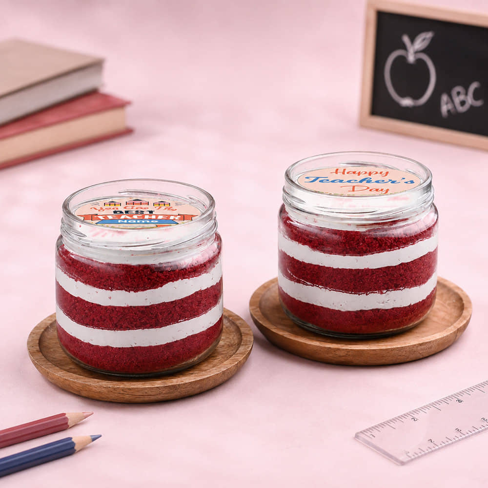 Front View of Teacher Red Velvet Jar Cakes