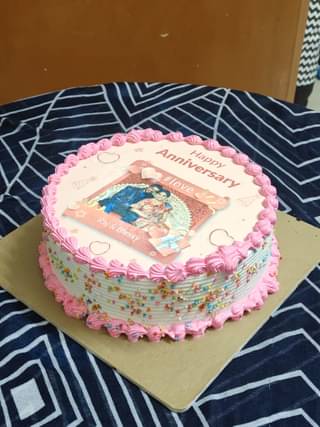 White Creamy Pink Photo Anniversary Cake