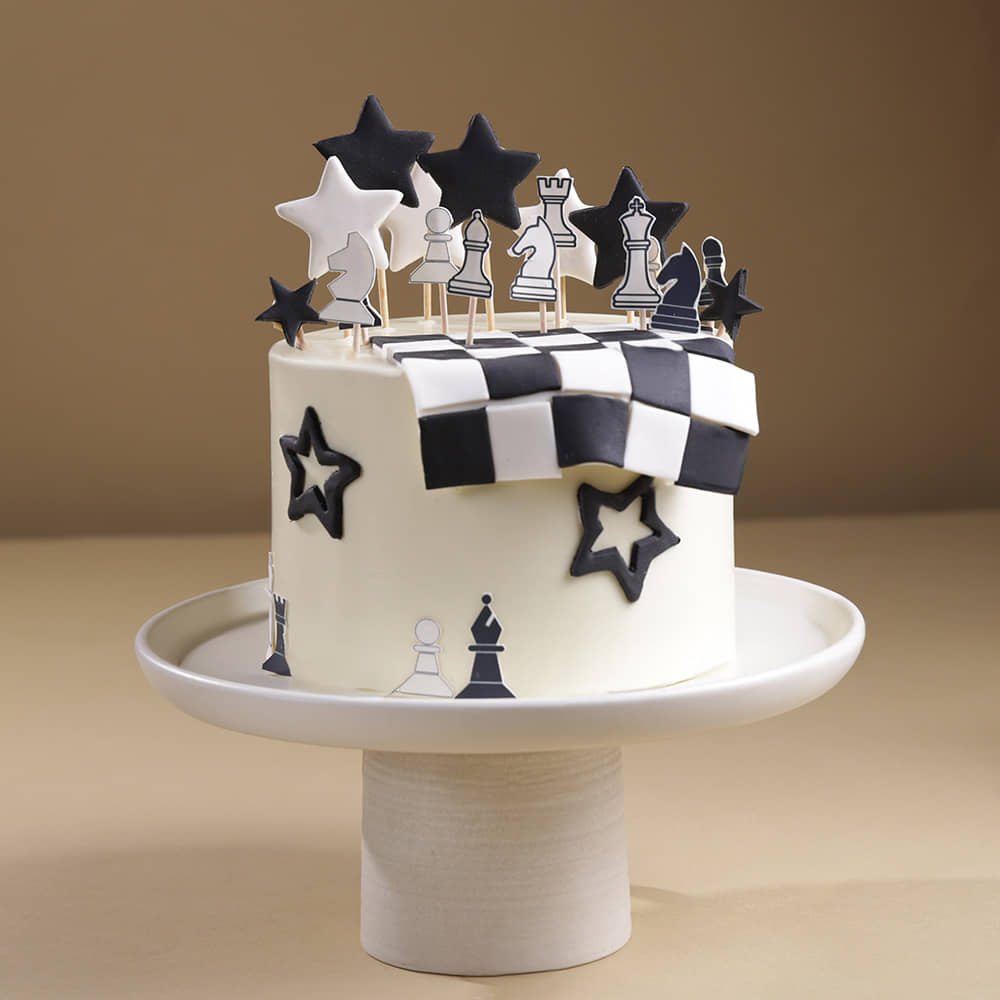 Front Angled View of Black N White Chessboard Cake