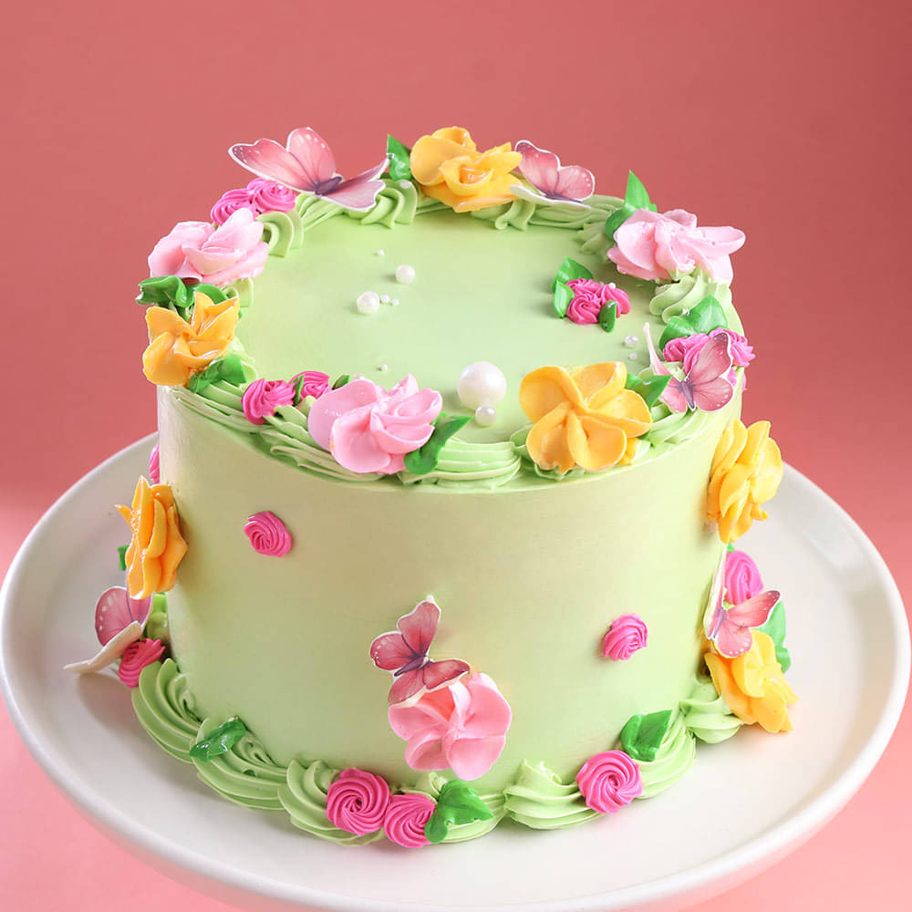Green Flower Cake with Butterflies