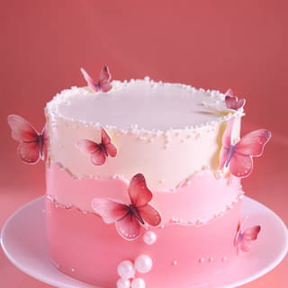 Side View of Pink Butterfly Birthday Cake with Pearl Accents