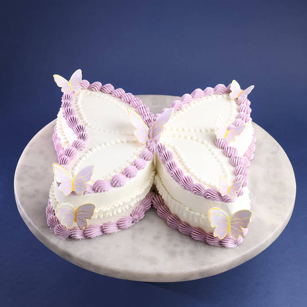Butterfly Shaped Cake with Purple and White Frosting