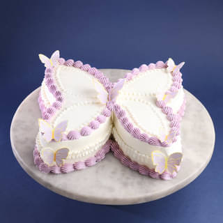 Butterfly Shaped Cake with Purple and White Frosting
