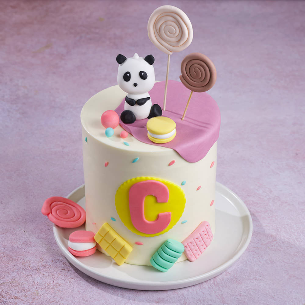 Front Angled View of Candyland Panda Cake