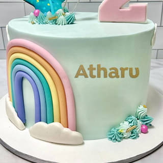 Side View of Cheerful Cocomelon Rainbow Fondant Cake Side View of Cheerful Cocomelon Rainbow Fondant Cake