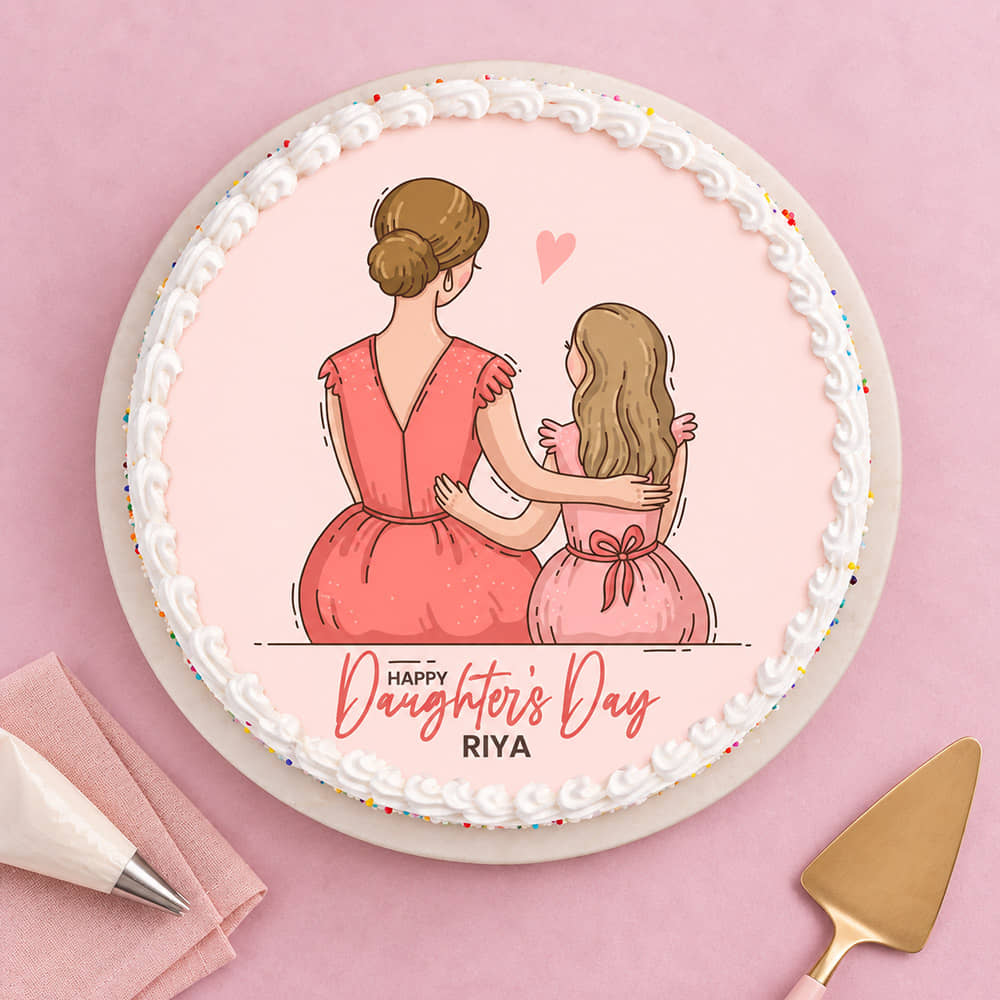 Side View of Cheerful Daughters Day Cake