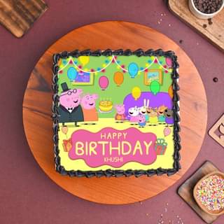 Front View of Cheerful Peppa Pig Photo Cake