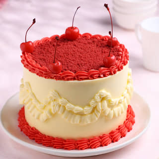 Zoomed View of Cherries N Cheers Red Velvet Cake