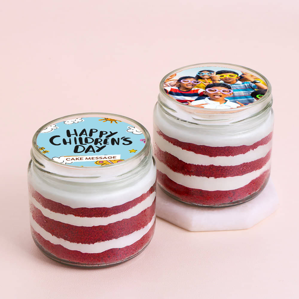 Side View of Childrens Day Red Velvet Photo Jar Cakes