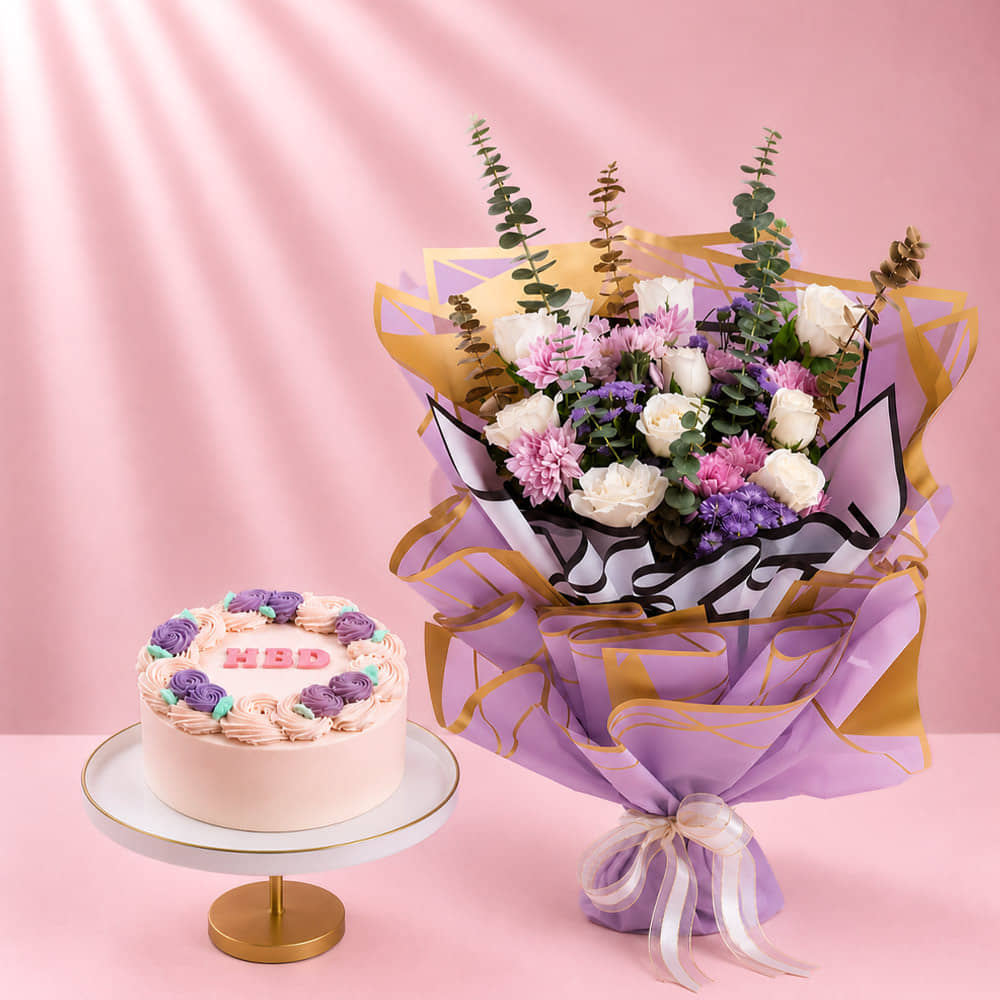 Choco Floral Birthday Cake N Pastel Blooms Bouquet Choco Floral Birthday Cake N Pastel Blooms Bouquet