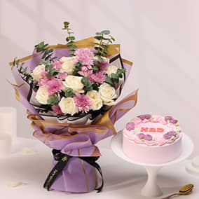 Choco Floral Birthday Cake N Pastel Blooms Bouquet