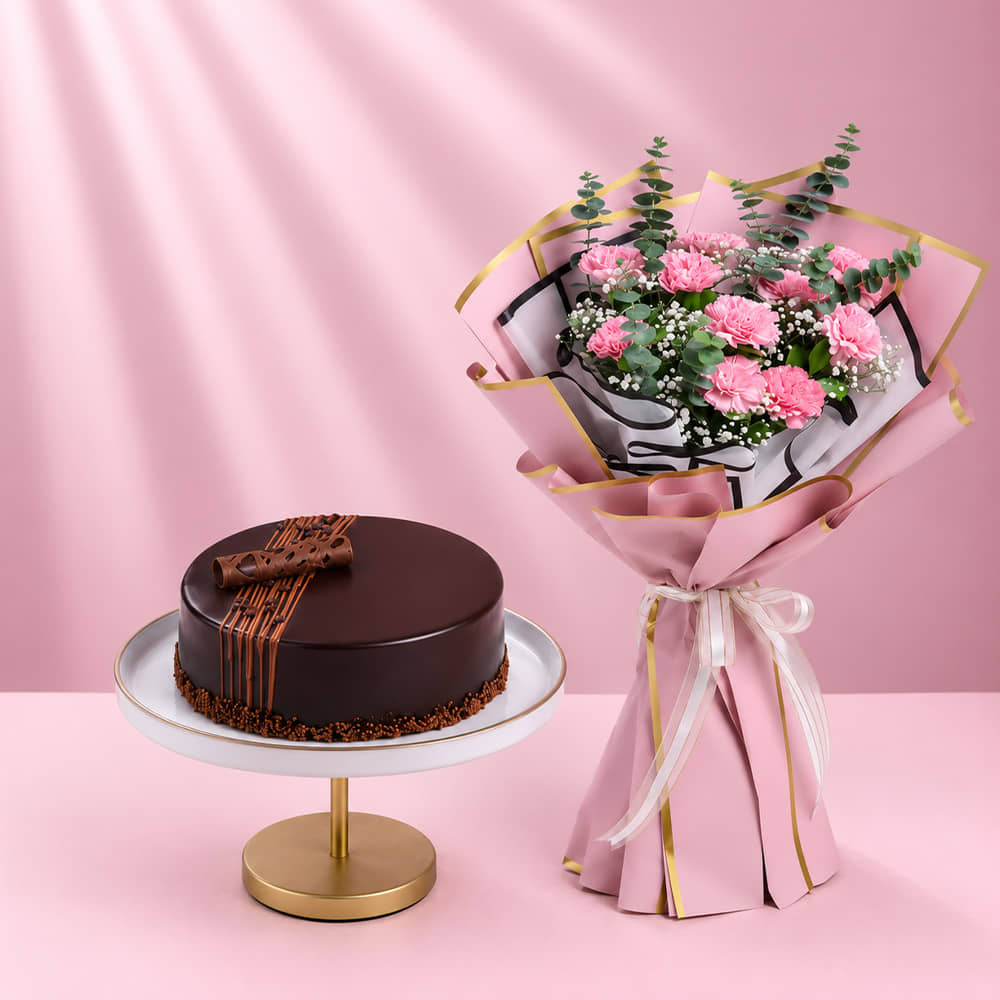 Choco Truffle Cake N Carnation Bouquet Combo Choco Truffle Cake N Carnation Bouquet Combo