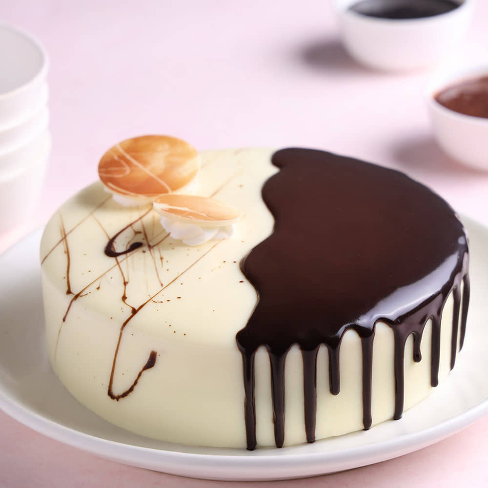 Side View of Chocolate Vanilla Half & Half Cake