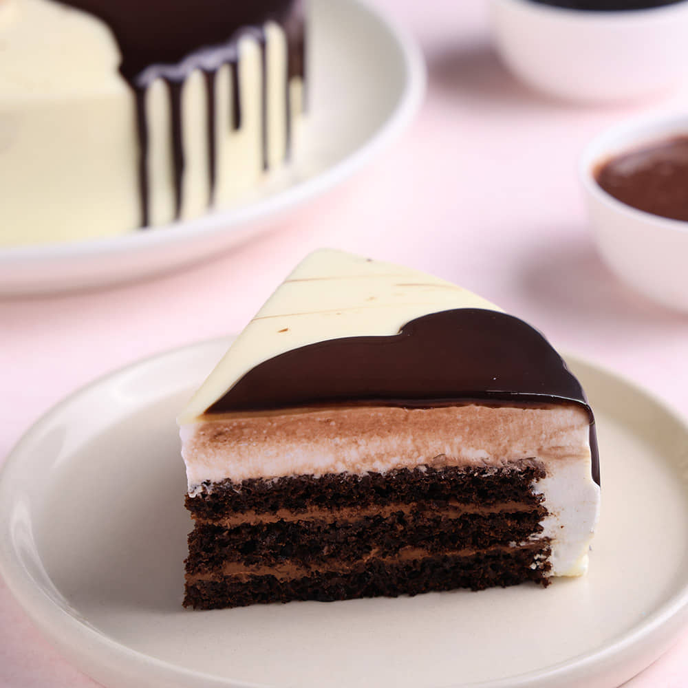 Side View of Chocolate Vanilla Half & Half Cake