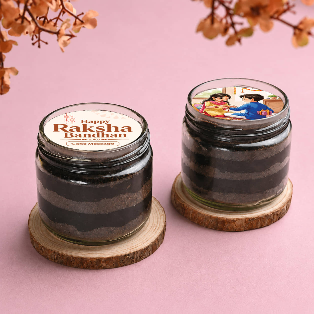 Embellished Rakhis With Chocolate Jar Cakes Side View of Chocolate Jar Cakes