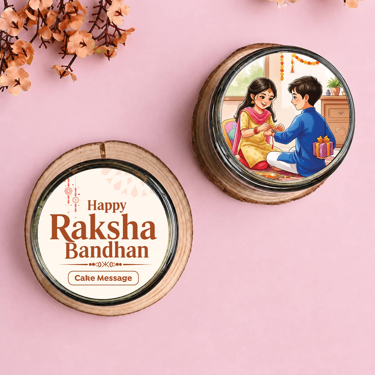 Embellished Rakhis With Chocolate Jar Cakes Top View of Chocolate Jar Cakes