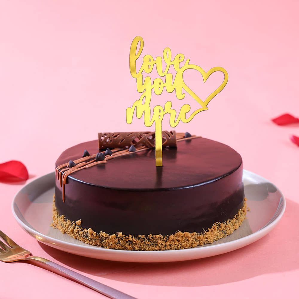 Side View of Chocolate Truffle Cake With Love Topper- Valentine Cake 2025