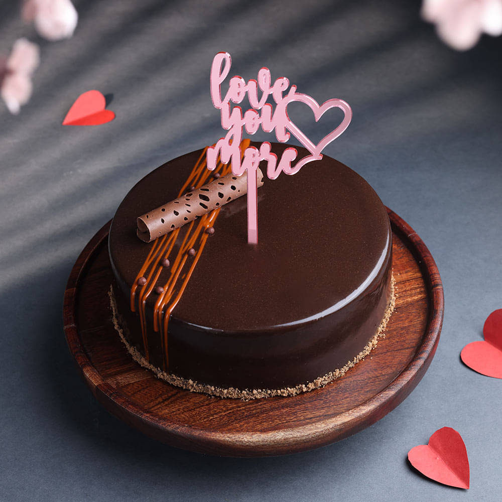 Side View of Chocolate Truffle Cake With Love Topper- Valentine Cake 2025