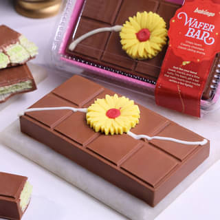 Side View of Chocolate Wafer Bar N Rakhi Combo