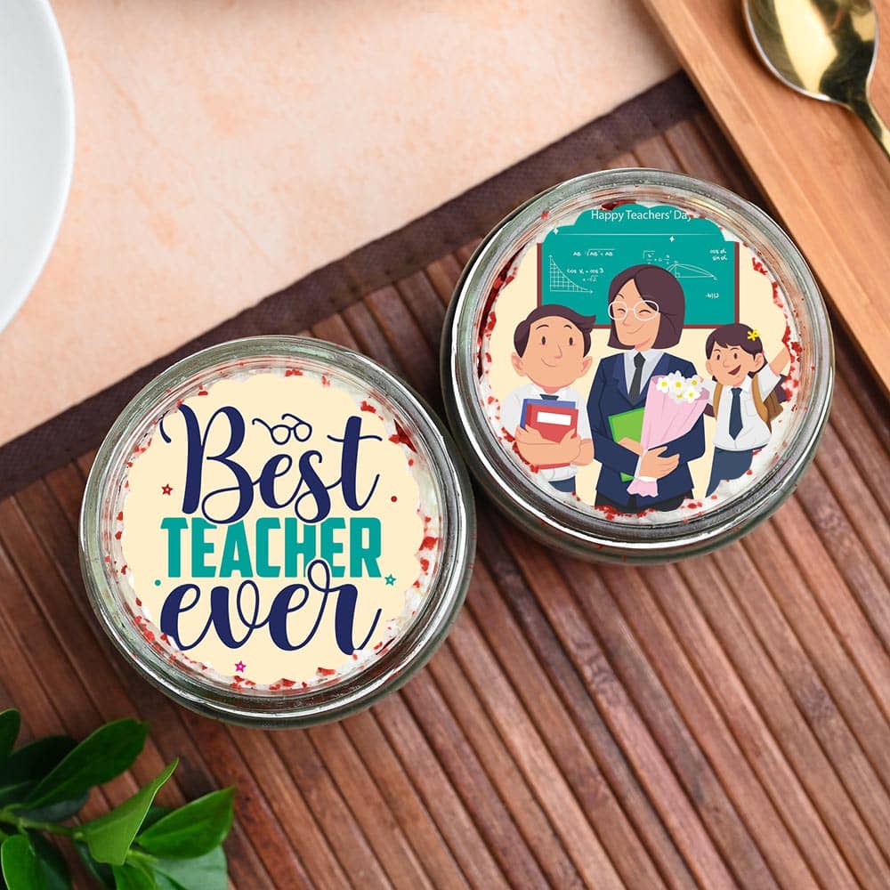 Upper View of Teachers Day Red Velvet Photo Jar Cake Duo