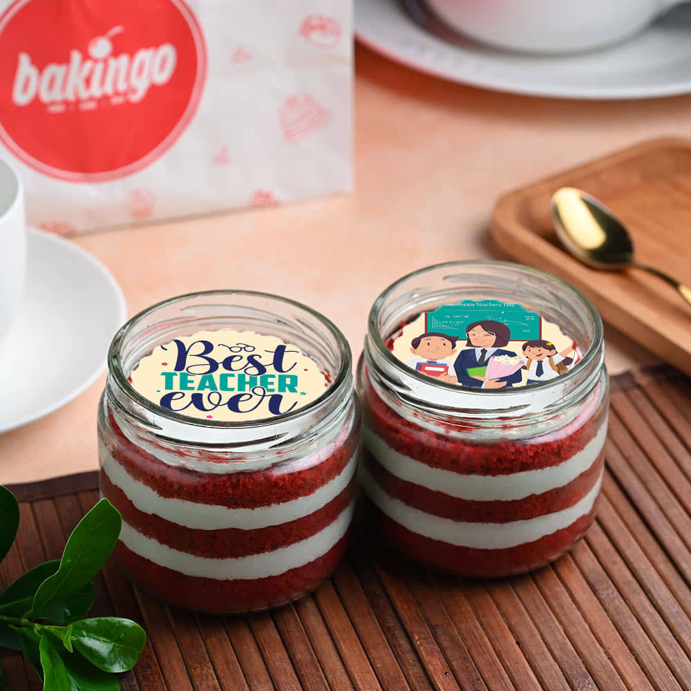 Side View of Teachers Day Red Velvet Photo Jar Cake Duo