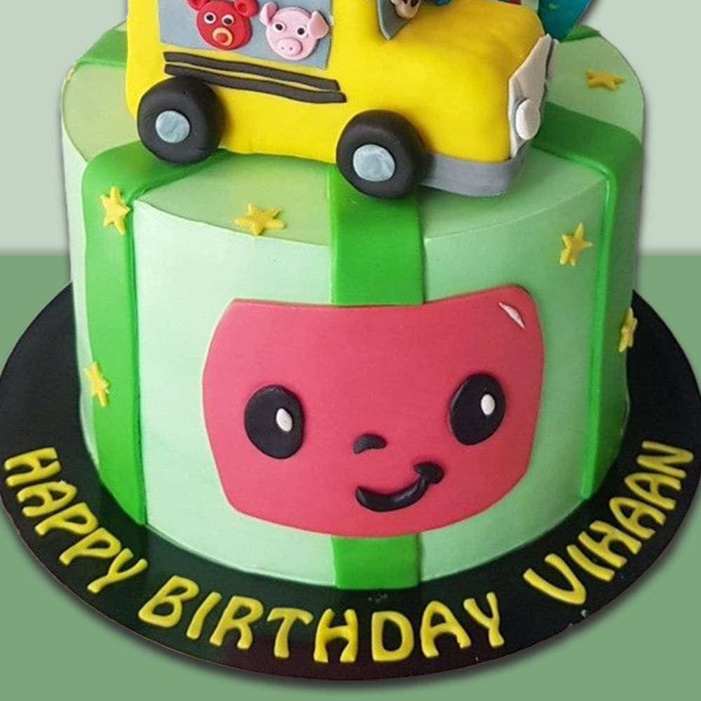 Side View of Colourful Cocomelon Fondant Cake