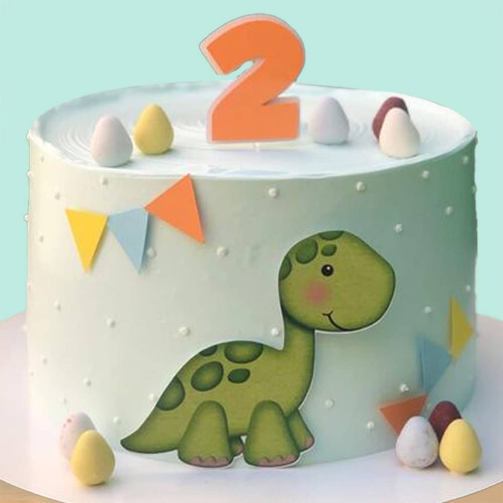 Side View of Colourful Dinos Cream N Sugar Sheet Cake