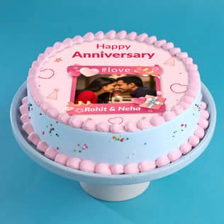White Creamy Pink Photo Anniversary Cake