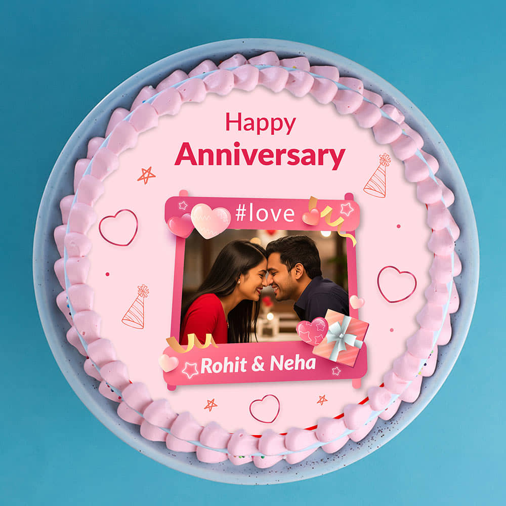 White Creamy Pink Photo Anniversary Cake