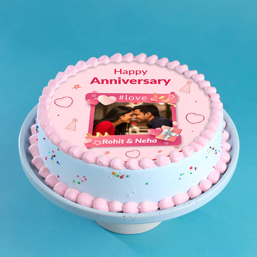 White Creamy Pink Photo Anniversary Cake