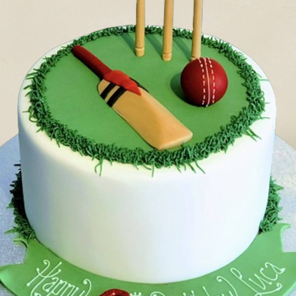 Top View of Cricket Kit N Pitch Fondant Cake