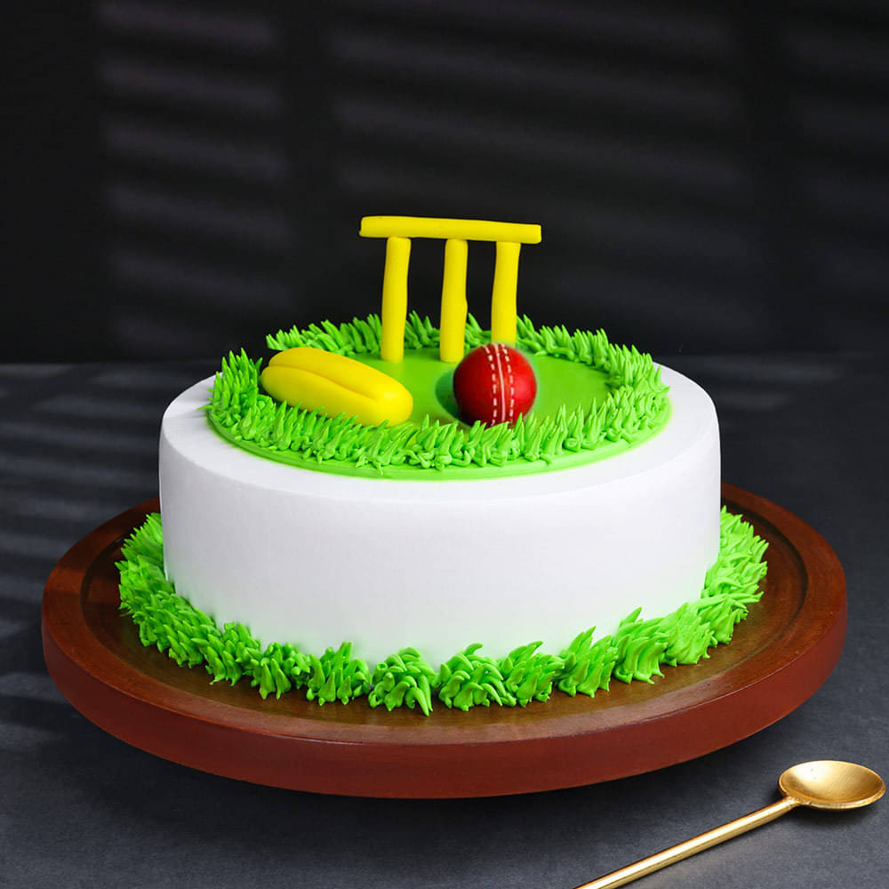Side View of Cricket Kit N Pitch Cake