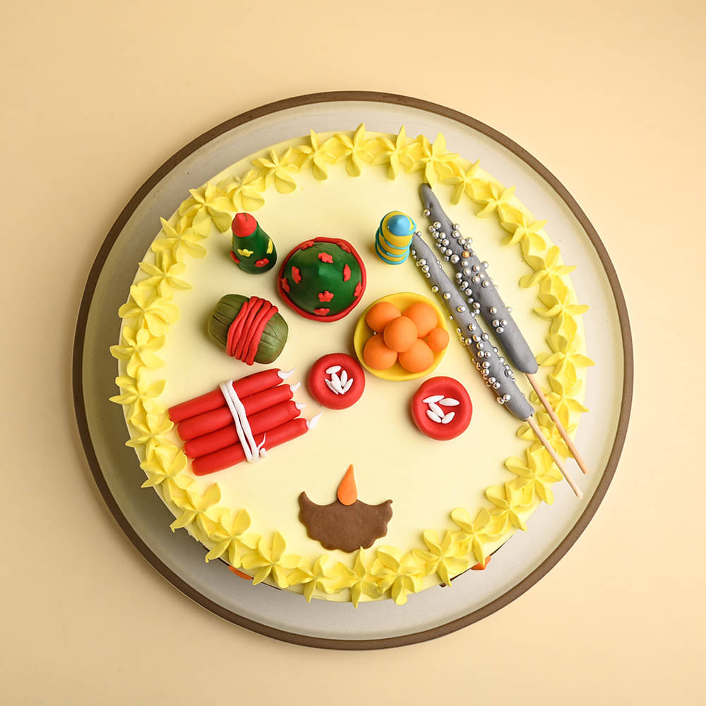 Front View of Diwali Themed Butterscotch Cake
