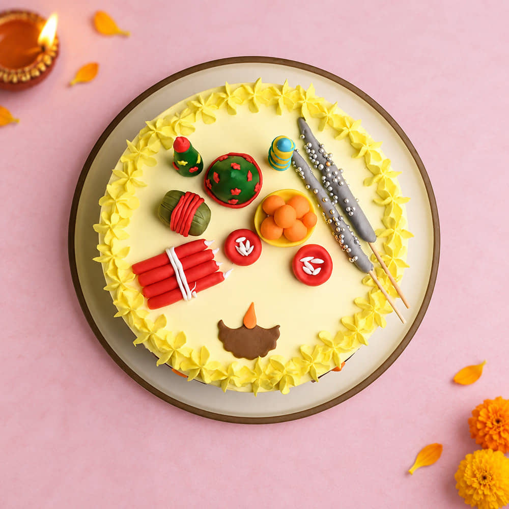 Front View of Diwali Themed Butterscotch Cake