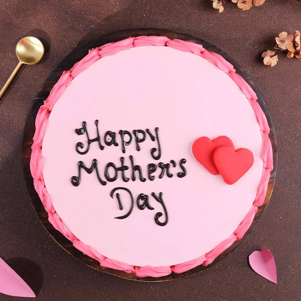 Front View of Round Vanilla Strawberry Cake for Mothers Day 
