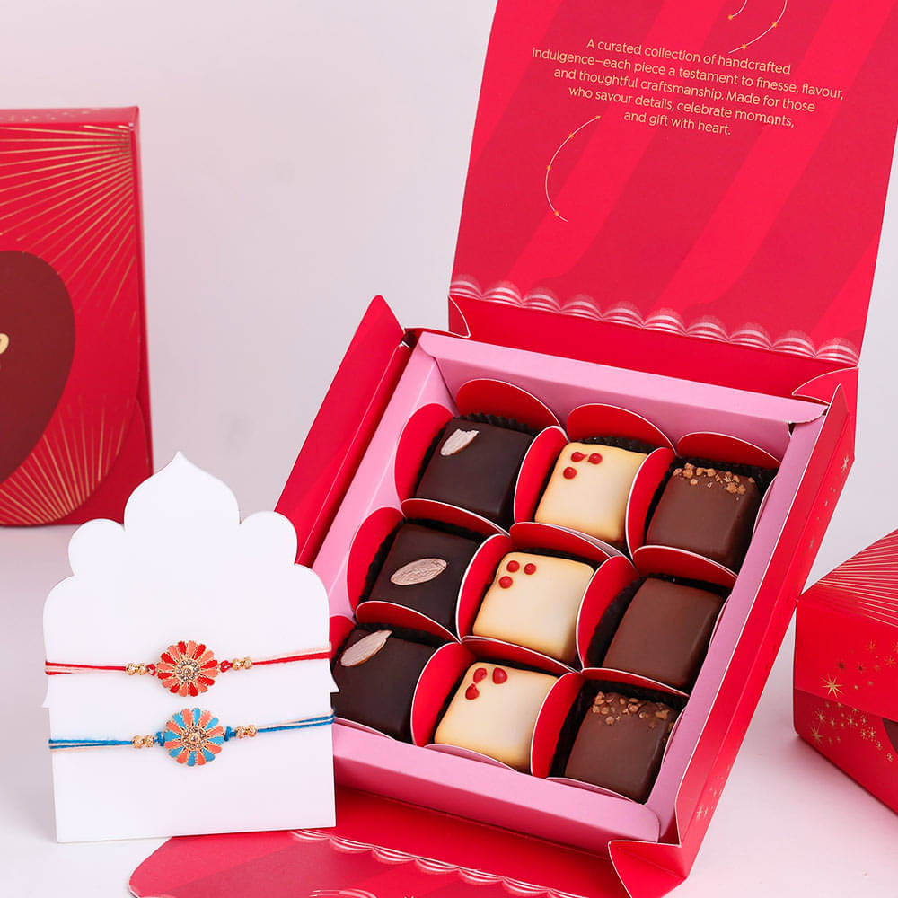 Eggless Choco Praline Box 9 Pieces and Rakhi Combo Eggless Choco Praline Box 9 Pieces and Rakhi Combo