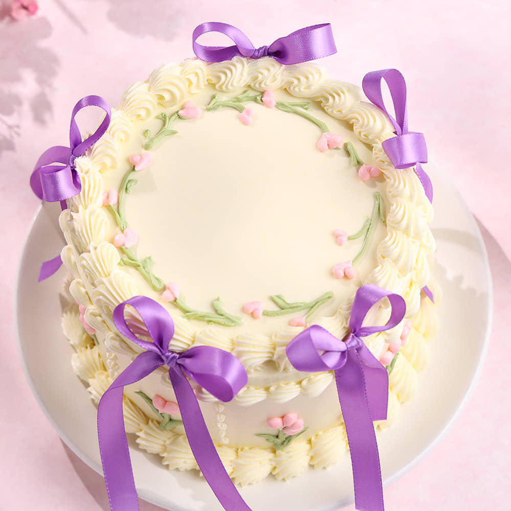 Top View of Floral Swirls Ribbon Cake